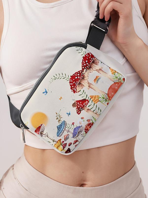 Women's Mushroom Print Fanny Pack, 2024 New Style Large Capacity Travel Organizer, Casual Fashion Crossbody Bag with Zipper Closure for Daily Travel Work Commute