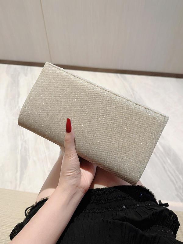 Women's Solid Pleated Clutch With Chain, Glitter Evening Shoulder Bag For Party, Trendy Elegant Women Bag