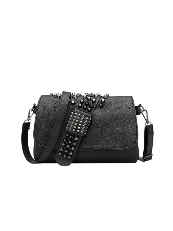 Women's Punk Style Studded Decor Crossbody Bag, with Skeleton Embossed, Fashionable Versatile Zipper Shoulder Bag, Trendy All-match Commuter Bag for Daily Used