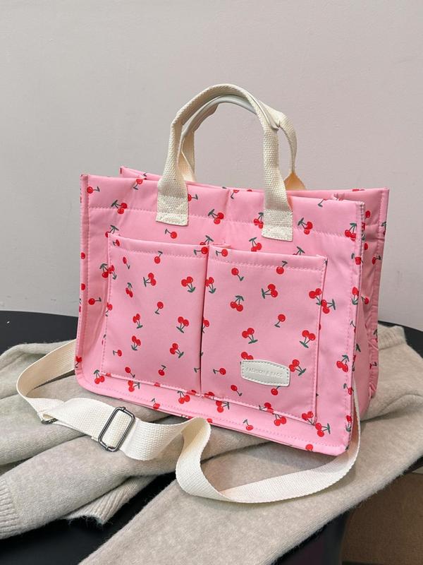 Women's Cute Cherry Pattern Tote Bag, Work Bag, Back To School Large Capacity Shoulder Bag for Women, Summer Casual Versatile Crossbody Bag for Commuting Daily, Fall Outfits, Fall Freshness Fall