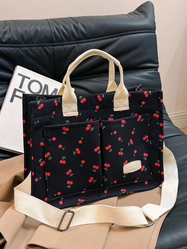 Women's Cute Cherry Pattern Tote Bag, Work Bag, Back To School Large Capacity Shoulder Bag for Women, Summer Casual Versatile Crossbody Bag for Commuting Daily, Fall Outfits, Fall Freshness Fall