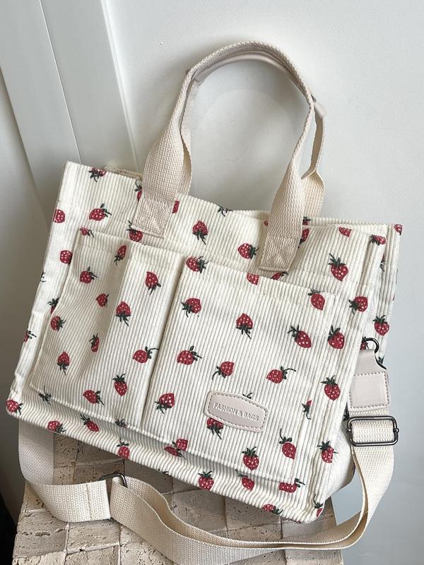 Women's Cute Strawberry Pattern Tote Bag, Large Capacity Crossbody Bag for Daily Life, Casual Trendy Versatile All-match Commuting Bag for Women & Girls