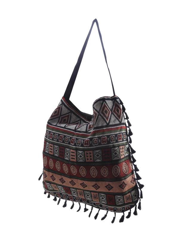 Women's Ethnic Pattern Fringe Design Tote Bag, Boho Style Large Capacity Shoulder Bag For Teen Girl Women College Student Perfect For Office, Work, Commute