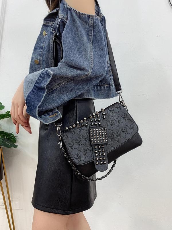 Women's Punk Style Studded Decor Crossbody Bag, with Skeleton Embossed, Fashionable Versatile Zipper Shoulder Bag, Trendy All-match Commuter Bag for Daily Used