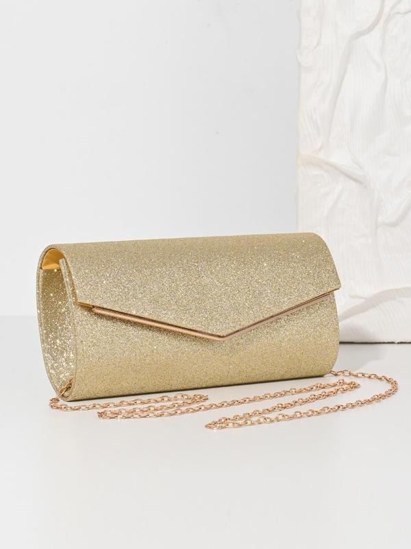 Women's Glitter Evening Bag, Chain Strap Banquet Bag, Fashionable Solid Color Clutch Bag for Party, Trendy All-match & Exquisite Bag for Birthday Gift