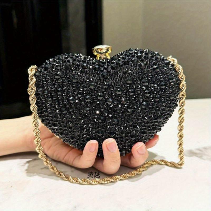 Statement Sparkle Rhinestone Clutch, Elegant Heart-Shaped, Chain Crossbody Bag, Red Green Black