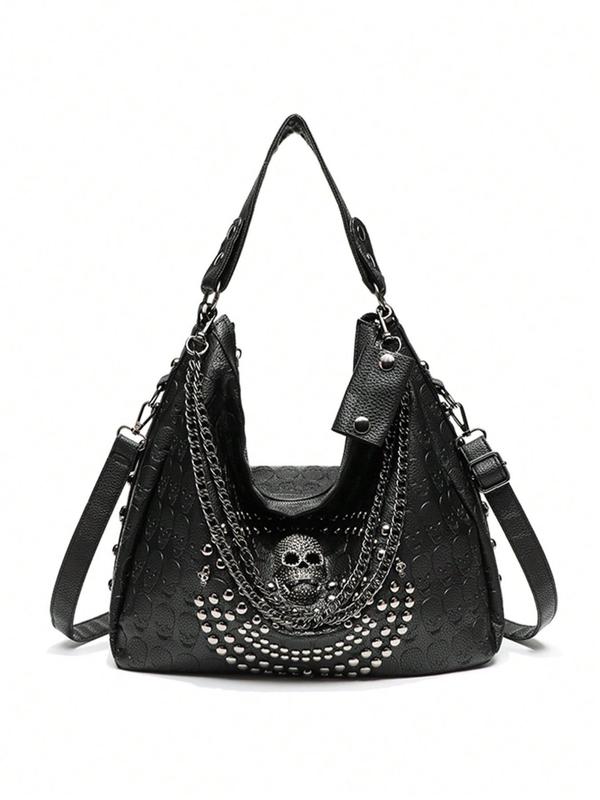 Women's Punk Style Studded Decor Tote Bag, Fashionable Skull Design Shoulder Bag for Daily Used, Casual Trendy Versatile High-quality Daily Commuting Bag