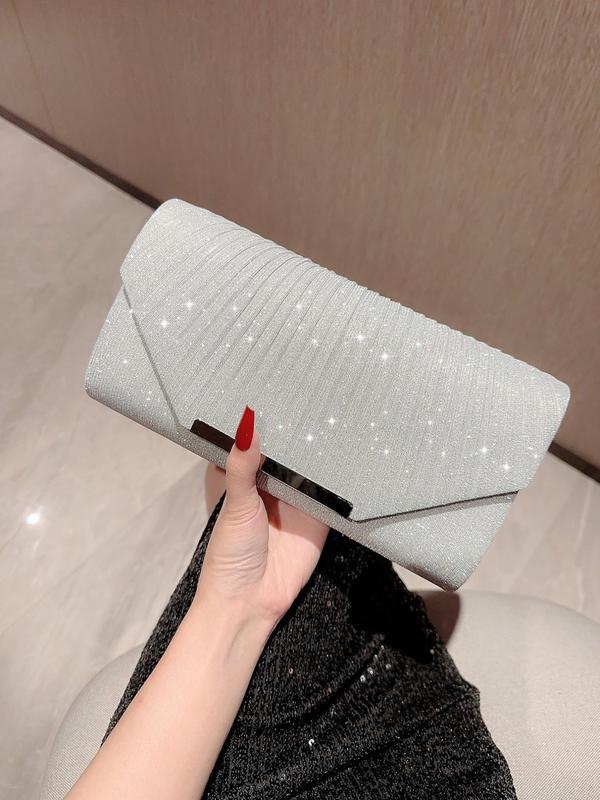 Women's Solid Pleated Clutch With Chain, Glitter Evening Shoulder Bag For Party, Trendy Elegant Women Bag