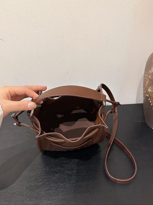 Women's Solid Color Patched Design Bucket Bag, Fashionable Draped Design Crossbody Bag for Daily Used, Casual Trendy Versatile High-quality Daily Commuting Bag