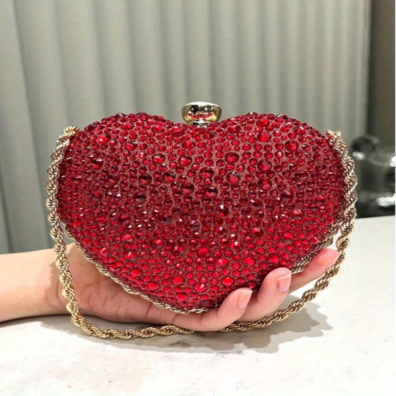 Statement Sparkle Rhinestone Clutch, Elegant Heart-Shaped, Chain Crossbody Bag, Red Green Black