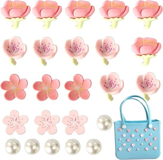 24 Pcs Charms for Bogg Bag, Accessories Charms for Bogg Bag, Pearls and Colorful Flowers for Bogg Bag Accessories, Inserts Accessories for Girls Handbag Beach Bag.