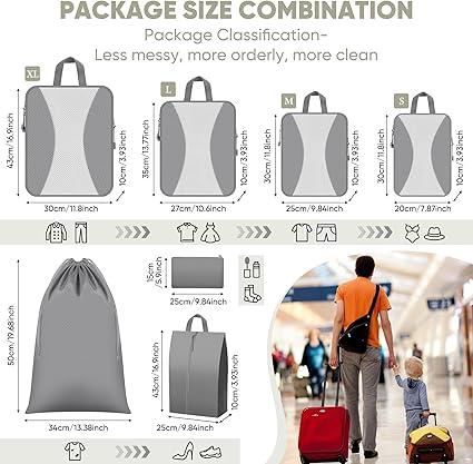 8 Set Compression Packing Cubes for Travel - Lightweight Suitcase Organizer with Shoes & Laundry Bags