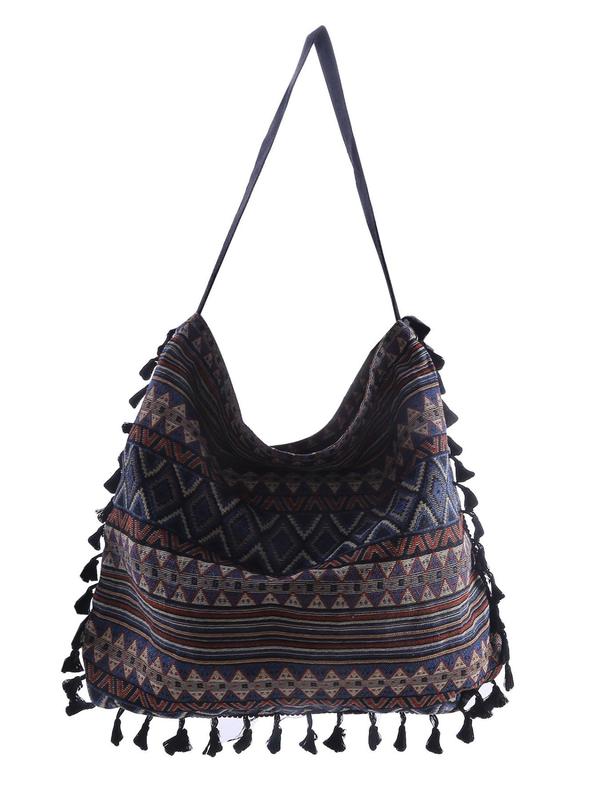 Women's Ethnic Pattern Fringe Design Tote Bag, Boho Style Large Capacity Shoulder Bag For Teen Girl Women College Student Perfect For Office, Work, Commute