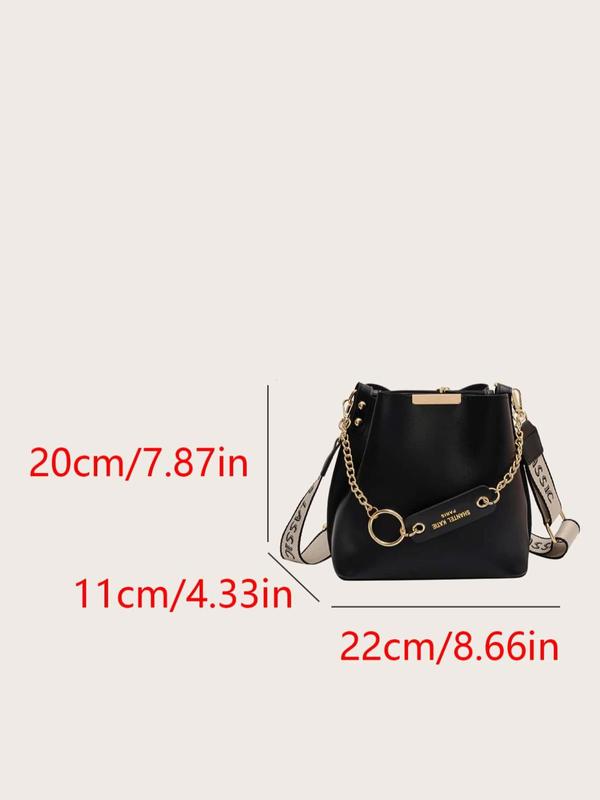 Women's Solid Color Crossbody Bucket Bag, 2024 New Summer Adjustable Chain Wide Letter Print Strap Shoulder Bag Back To School, Luxury Bags Crossbody Trendy Commuting Travel Bag, Fall Outfits, Earthtone Fall Freshness