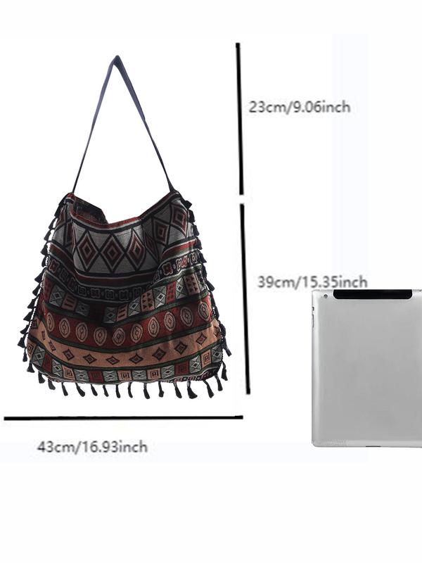 Women's Ethnic Pattern Fringe Design Tote Bag, Boho Style Large Capacity Shoulder Bag For Teen Girl Women College Student Perfect For Office, Work, Commute