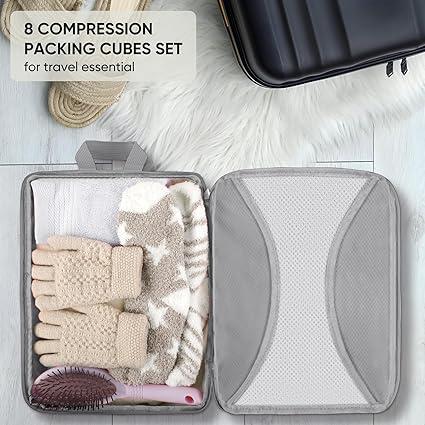 8 Set Compression Packing Cubes for Travel - Lightweight Suitcase Organizer with Shoes & Laundry Bags