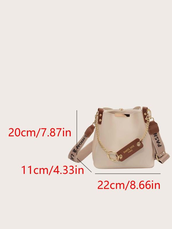 Women's Solid Color Crossbody Bucket Bag, 2024 New Summer Adjustable Chain Wide Letter Print Strap Shoulder Bag Back To School, Luxury Bags Crossbody Trendy Commuting Travel Bag, Fall Outfits, Earthtone Fall Freshness