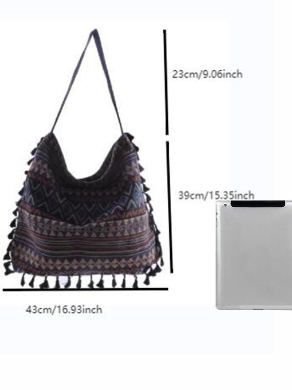 Women's Ethnic Pattern Fringe Design Tote Bag, Boho Style Large Capacity Shoulder Bag For Teen Girl Women College Student Perfect For Office, Work, Commute