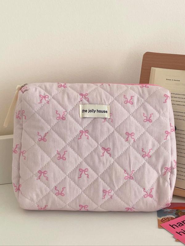 Quilted Cartoon Bowknot Pattern Makeup Bag, 2024 New Style Travel Cosmetic Storage Bag for Women and Girls, Travel Storage Bag for Working, Dating, Shopping, Fall Outfits, Fall Freshness