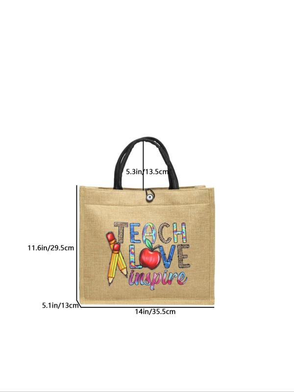 Cartoon Letters Teacher Pattern Handbag, Casual Large Capacity Tote Bag for Women & Girls, Trendy All-match Commuting Bag for Daily Use As Gift