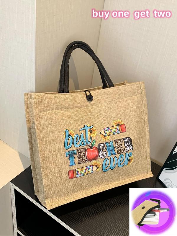 Cartoon Letters Teacher Pattern Handbag, Casual Large Capacity Tote Bag for Women & Girls, Trendy All-match Commuting Bag for Daily Use As Gift