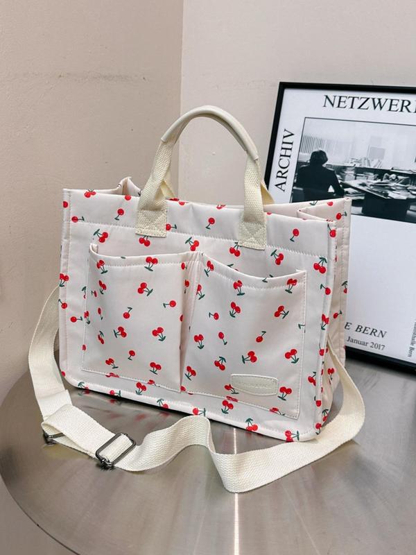 Women's Cute Cherry Pattern Tote Bag, Work Bag, Back To School Large Capacity Shoulder Bag for Women, Summer Casual Versatile Crossbody Bag for Commuting Daily, Fall Outfits, Fall Freshness Fall