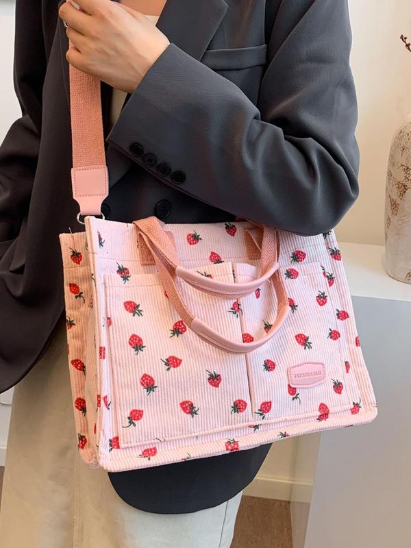 Women's Cute Strawberry Pattern Tote Bag, Large Capacity Crossbody Bag for Daily Life, Casual Trendy Versatile All-match Commuting Bag for Women & Girls