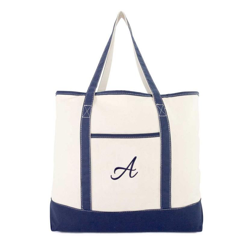 Dalix Personalized Tote Bag For Women Monogram Initial Open Top Navy Blue A-Z