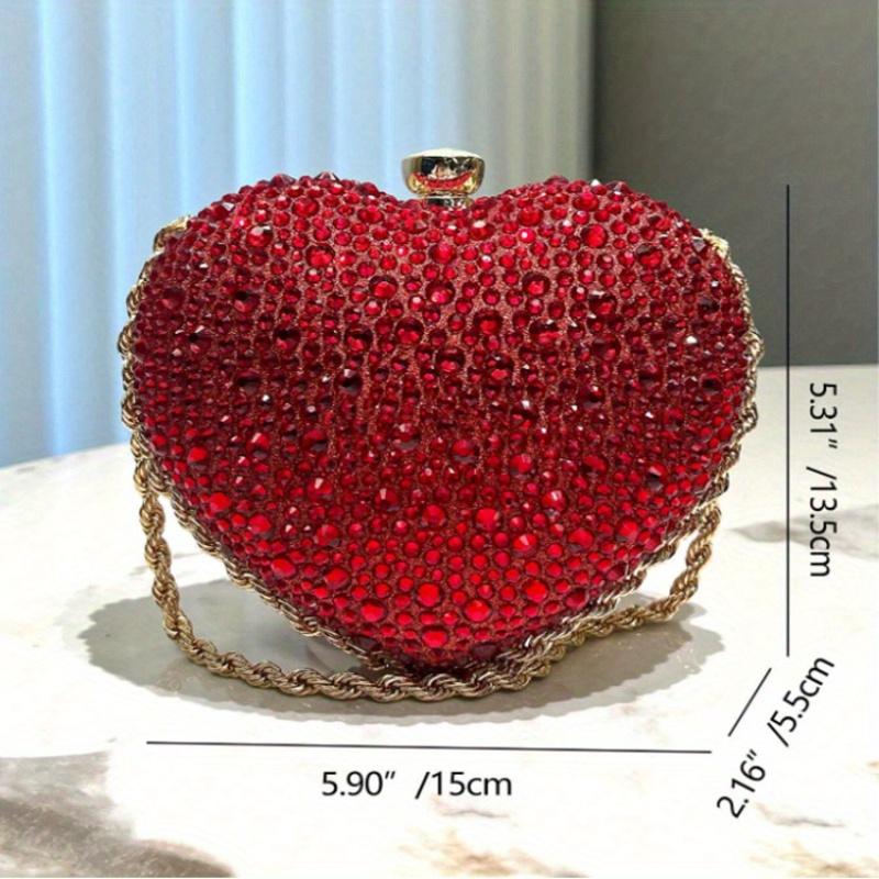 Statement Sparkle Rhinestone Clutch, Elegant Heart-Shaped, Chain Crossbody Bag, Red Green Black