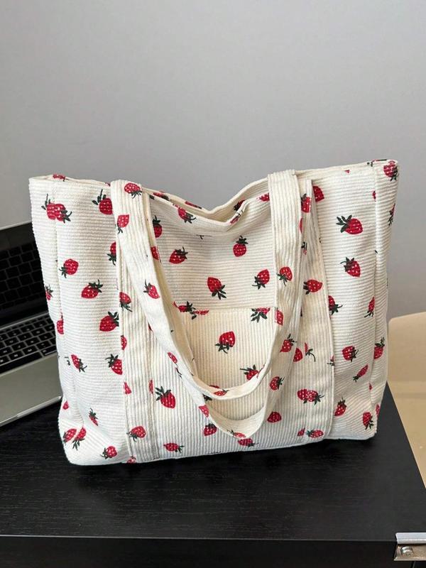 Strawberry Print Tote Bag, Large Capacity Tote Bag for Women & Girls, Fashion Women's Bag for Daily Use