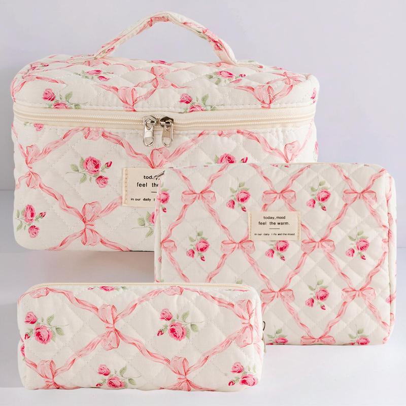 Floral Pattern Quilted Makeup Bag Set, 3 CountsTravel Cosmetic Bags, Portable Zipper MakeupOrganizer Pouches, for Skincare, Lotion, Cream,Lip Balm, Eyeliners, Makeup Tools, TravelEssentials, Back To School