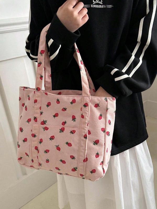 Strawberry Print Tote Bag, Large Capacity Tote Bag for Women & Girls, Fashion Women's Bag for Daily Use