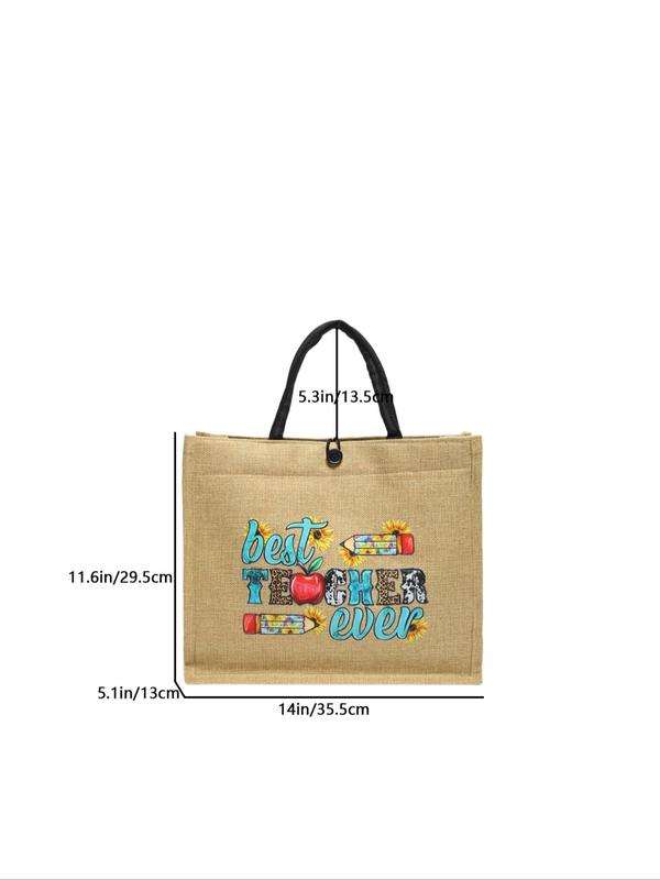 Cartoon Letters Teacher Pattern Handbag, Casual Large Capacity Tote Bag for Women & Girls, Trendy All-match Commuting Bag for Daily Use As Gift