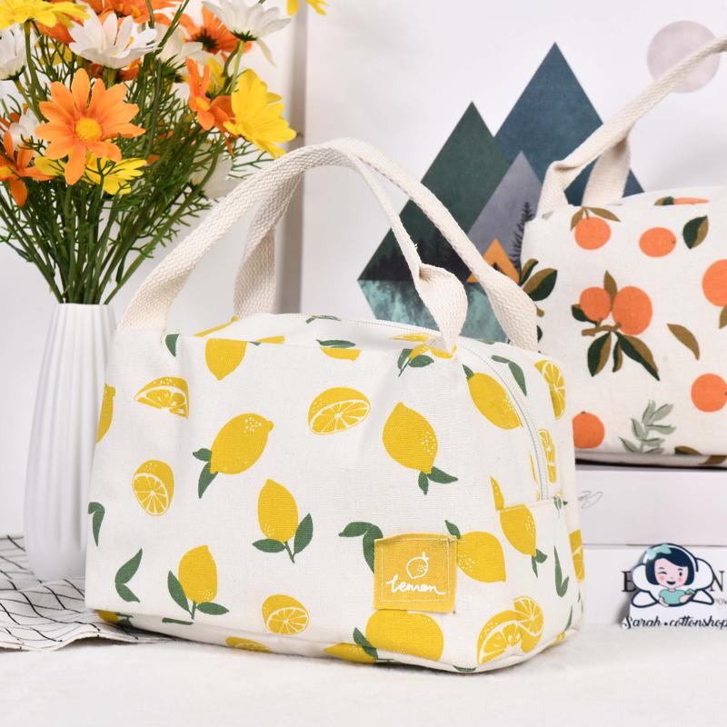 High-Capacity Canvas Insulated Lunch Bag with Orange Avocado Lemon Peach Print, Zipper Closure, and Thermal Interior Lining - Back-to-School, and Christmas Gift lunch bag