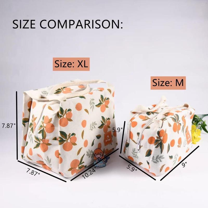 High-Capacity Canvas Insulated Lunch Bag with Orange Avocado Lemon Peach Print, Zipper Closure, and Thermal Interior Lining - Back-to-School, and Christmas Gift lunch bag