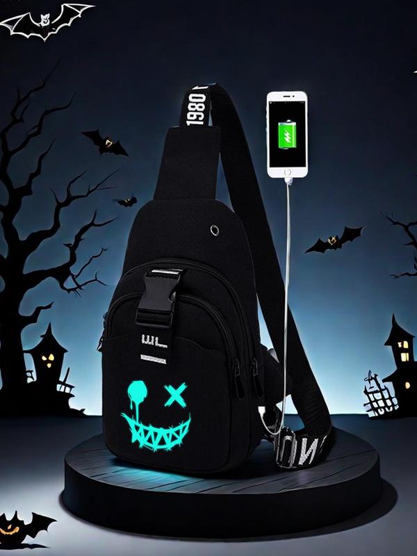 Men's Casual Cartoon Pattern Sling Bag, Multi-functional USB Charging Chest Bag, Fashionable Sling Bag for Daily Use