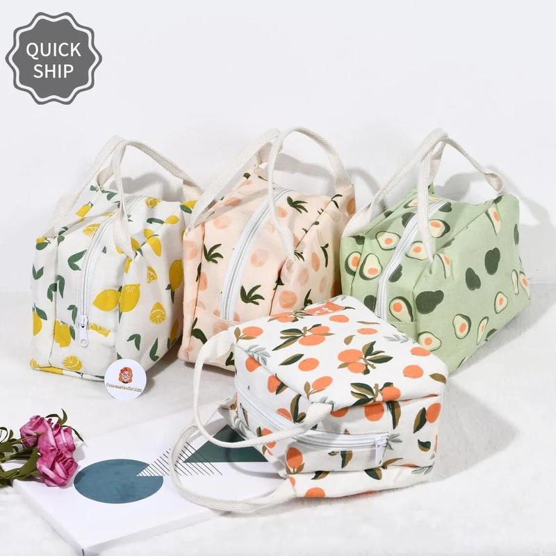 High-Capacity Canvas Insulated Lunch Bag with Orange Avocado Lemon Peach Print, Zipper Closure, and Thermal Interior Lining - Back-to-School, and Christmas Gift lunch bag