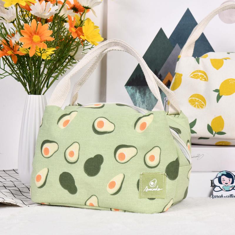 High-Capacity Canvas Insulated Lunch Bag with Orange Avocado Lemon Peach Print, Zipper Closure, and Thermal Interior Lining - Back-to-School, and Christmas Gift lunch bag