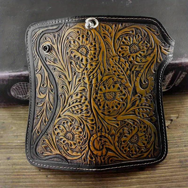 Men's Tan Carved Long Leather Wallet with Locomotive Truck Driver Chain L77