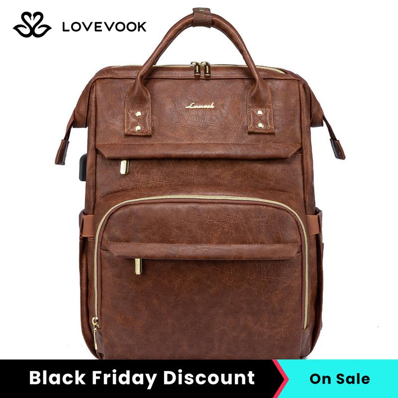 LOVEVOOK  Black Friday Vegan Leather Laptop Backpack with USB Port for Women - College, Business, Work, Teacher, Travel, School Backpack