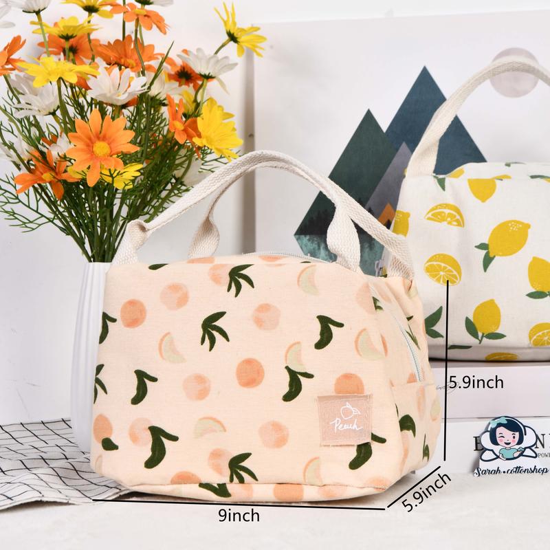 High-Capacity Canvas Insulated Lunch Bag with Orange Avocado Lemon Peach Print, Zipper Closure, and Thermal Interior Lining - Back-to-School, and Christmas Gift lunch bag