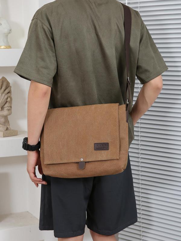 Men's Casual Letter Patched Decor Messenger Bag, Lightweight Flap Shoulder Bag, Vintage Crossbody Bag for Daily Commute