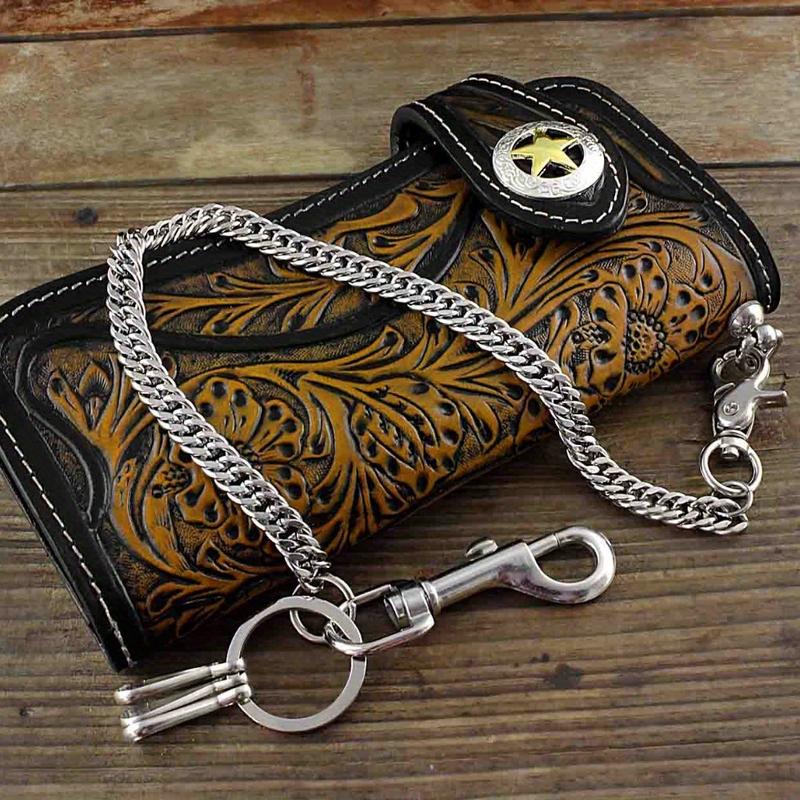 Men's Tan Carved Long Leather Wallet with Locomotive Truck Driver Chain L77