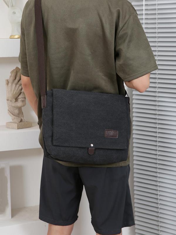 Men's Casual Letter Patched Decor Messenger Bag, Lightweight Flap Shoulder Bag, Vintage Crossbody Bag for Daily Commute