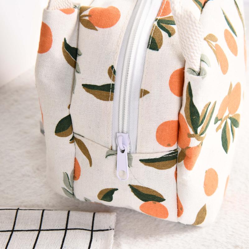 High-Capacity Canvas Insulated Lunch Bag with Orange Avocado Lemon Peach Print, Zipper Closure, and Thermal Interior Lining - Back-to-School, and Christmas Gift lunch bag