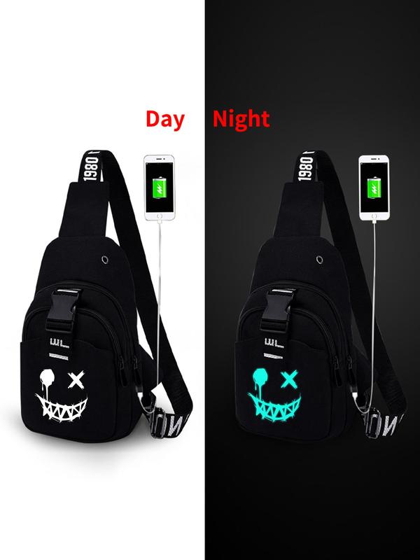 Men's Casual Cartoon Pattern Sling Bag, Multi-functional USB Charging Chest Bag, Fashionable Sling Bag for Daily Use