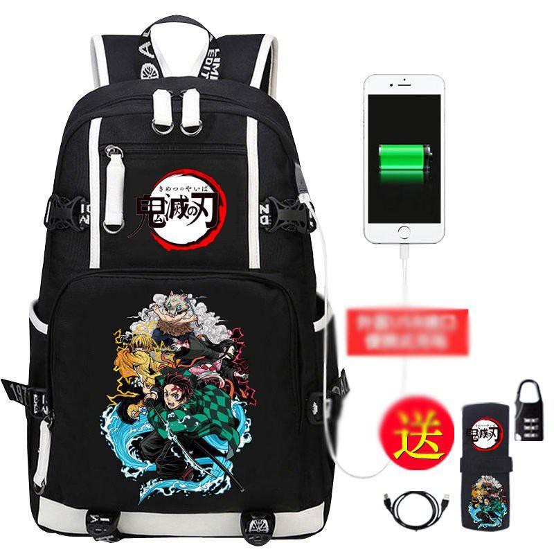 Backpack with 2 white lines printed with KIMETSU NO YAIBA THE DEVIL SWORD, gift for lover, relatives, friends, fans