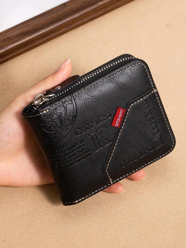 Men's Business Fashion Letter Pattern Short Wallet, 2024 New Style Casual Trendy Zipper Card Holder, Simple Style Money Saving Wallet for Daily Use