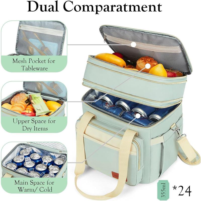 Expandable Lunch Box for Women Large Double Deck Lunch bag Women with Leather Waterproof Insulated Lunch Cooler Bag Durable Leakproof Lunchbox for Adult Work Outdoor, 15L, Green