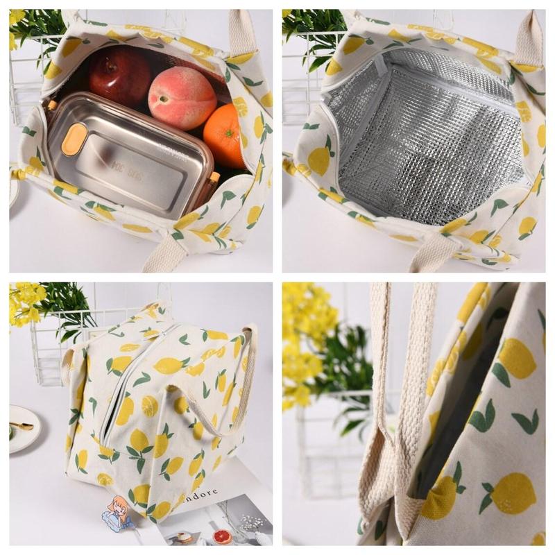 High-Capacity Canvas Insulated Lunch Bag with Orange Avocado Lemon Peach Print, Zipper Closure, and Thermal Interior Lining - Back-to-School, and Christmas Gift lunch bag